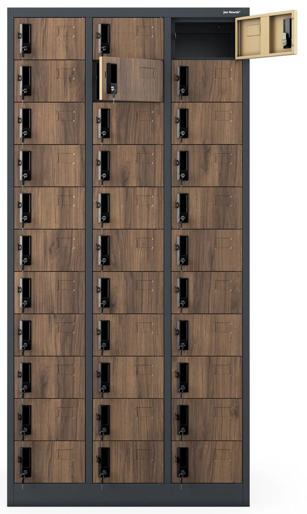 Szafka skrytkowa depozytowa 33-skrytkowa antracytowa/orzech, 900x1850x450 mm: OLIVER Eco Design