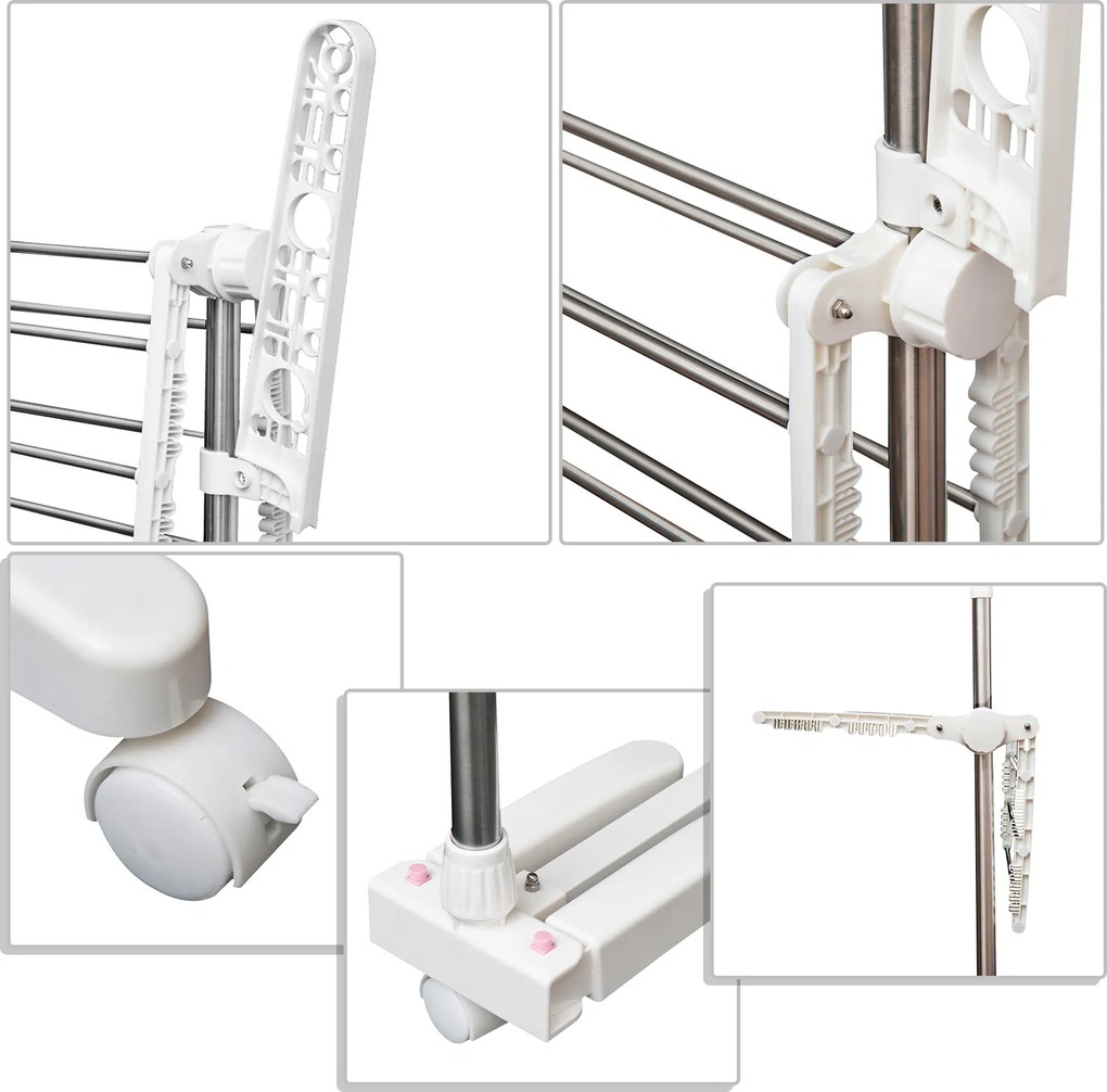 HOMCOM Suszarka na pranie składana z kółkami 3 poziomy regulowana wieszak na ubrania 80-142x55x152 cm | Aosom PL