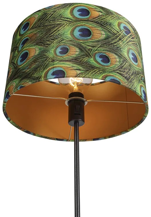 Czarna lampa podłogowa z aksamitnym abażurem w kolorze pawia z złotem 35 cm - Parte klasyczny/Antyczny Oswietlenie wewnetrzne