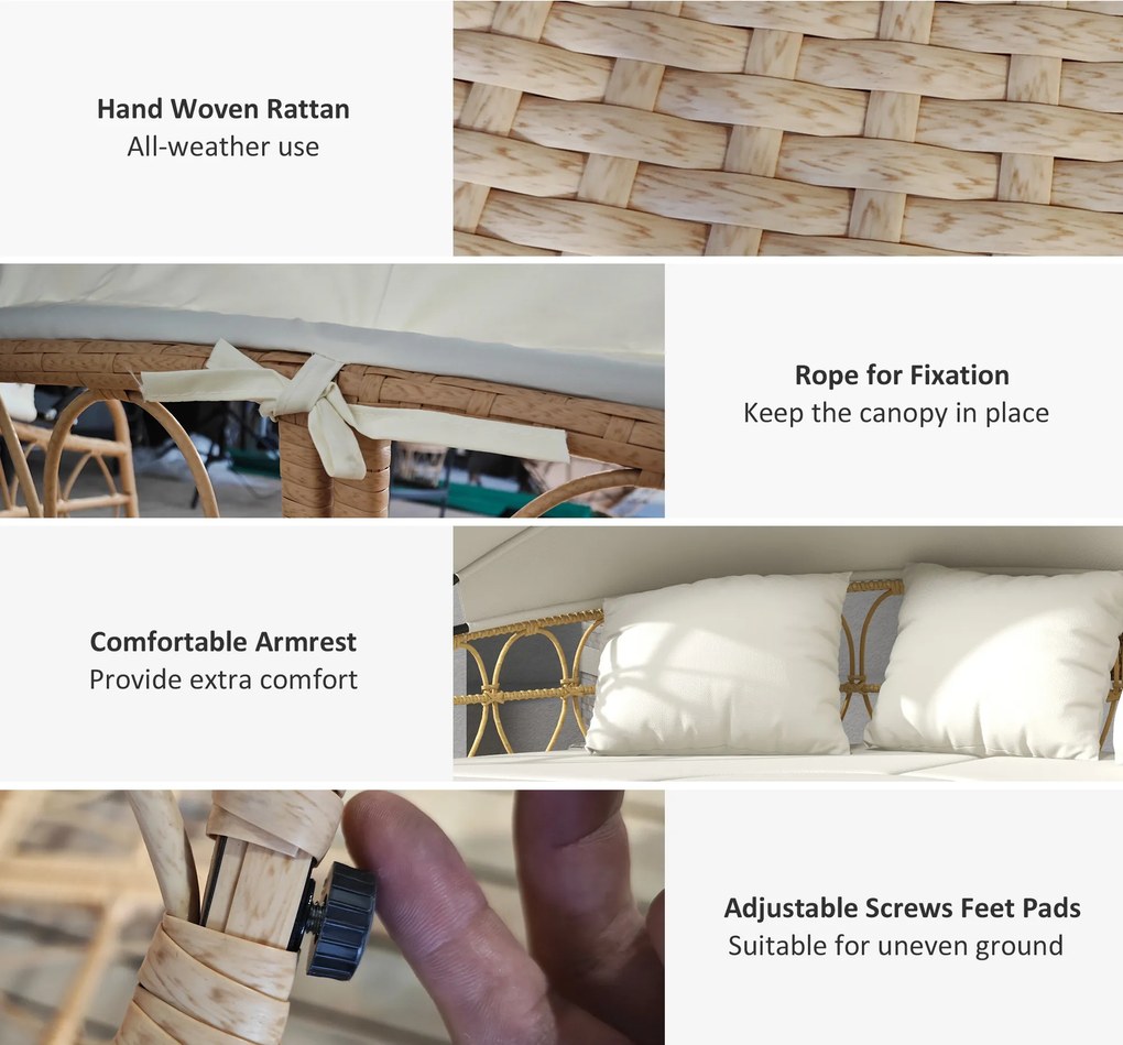 Outsunny Wyspa słoneczna, 4-elementowa, rozkładany daszek, 5 poduszek, imitacja rattanu, 178S x 85G x 66,5W cm, Beżowy