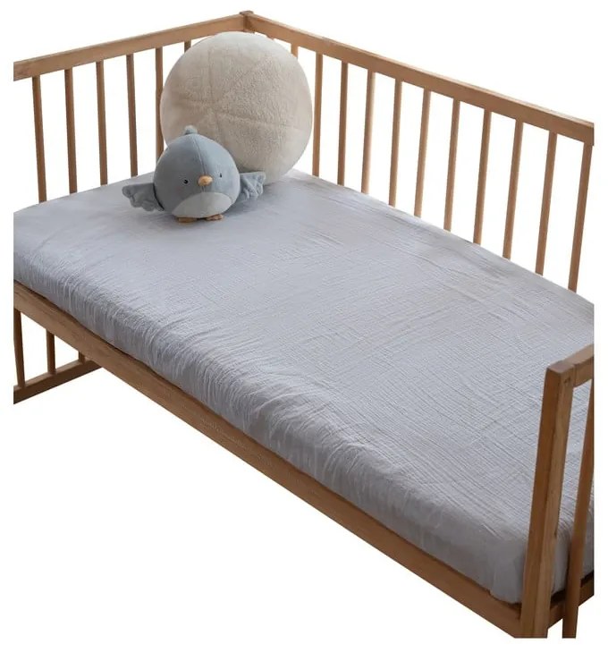 Szare prześcieradło dziecięce do łóżeczka muślinowe z gumką 60x120 cm Burumcuk – Mijolnir