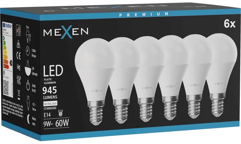 Mexen Nova 6x żarówka LED E14, G45, 9W, Neutralna - 4000K, 945 lm - L101-E14-0940-01x06