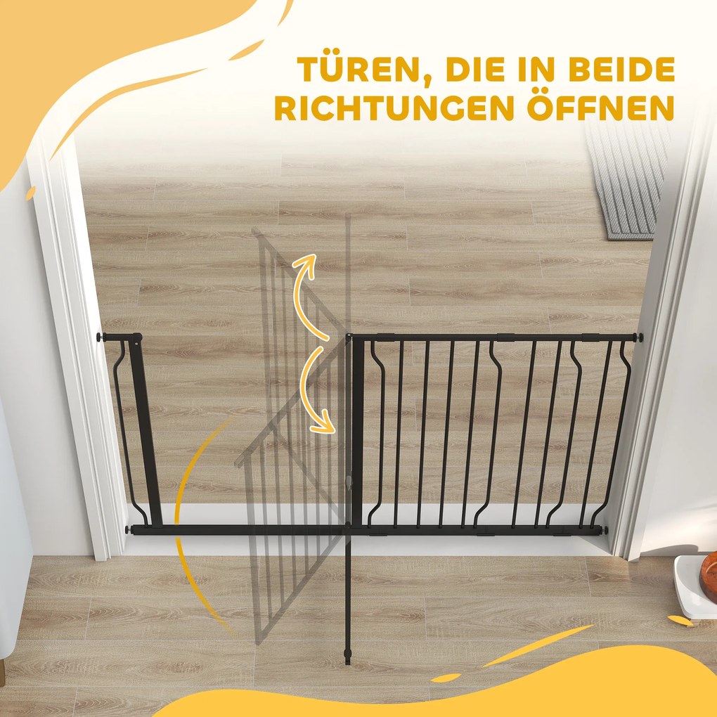 PawHut Bramka Ochronna dla Psów z Systemem Dwustronnego Otwierania, Zamocowanie Ścienne z Przyciskiem, Regulowana od 75 do 145 cm