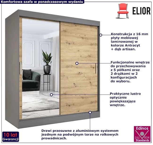 Szafa przesuwna antracyt + dąb artisan 180 cm - Seko 5X