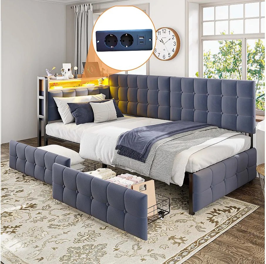 Sofa dziecięca z funkcją spania - 90 x 200 cm - z 2 szufladami + diodami LED + USB + typu C - aksamit + metal + sklejka + MDF - szary