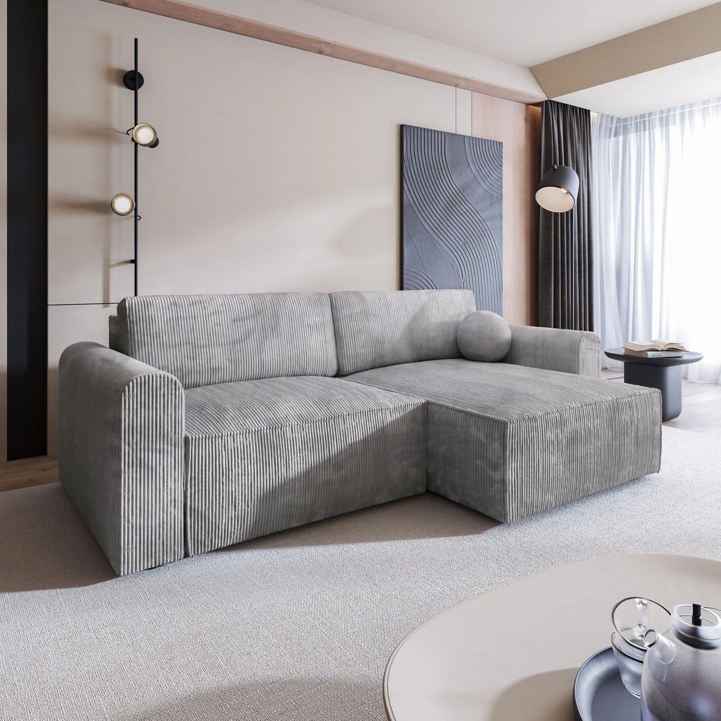 Masseno Narożnik FIANO z funkcją spania i pojemnikiem na pościel Narozniki L, Rozkładana sofa - Jasnoszary, POSO 55