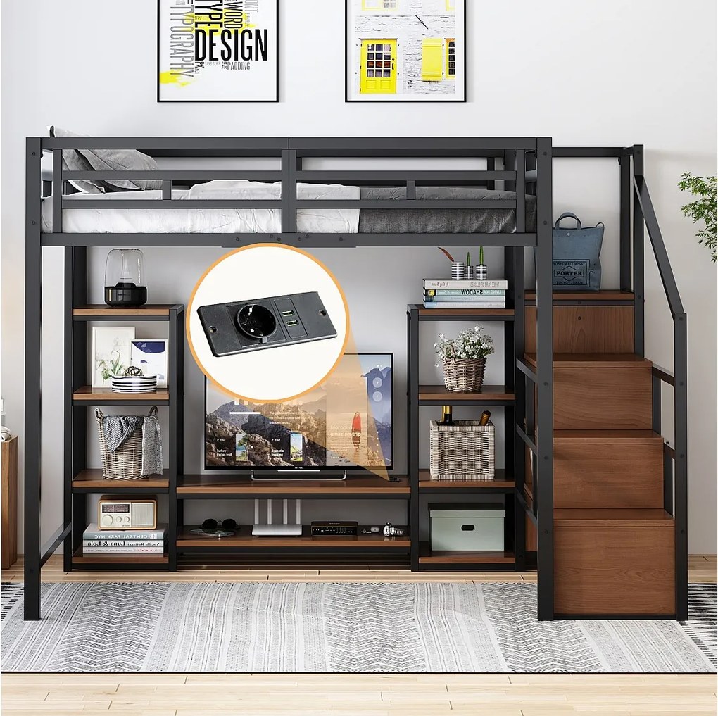 Łóżko piętrowe 140 x 200 cm ze szafką RTV, schowkiem, gniazdkiem elektrycznym i drabinką - Metal i MDF - Czarne (Materac nie jest wliczony w cenę)