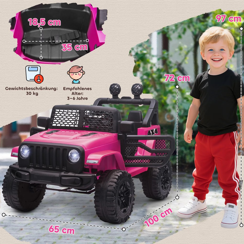 HOMCOM Elektryczny samochód dziecięcy 12V z pilotem, 2 silniki, LED, klakson, dla dzieci od 3 do 6 lat, 100x65x72 cm, różowy | Aosom PL
