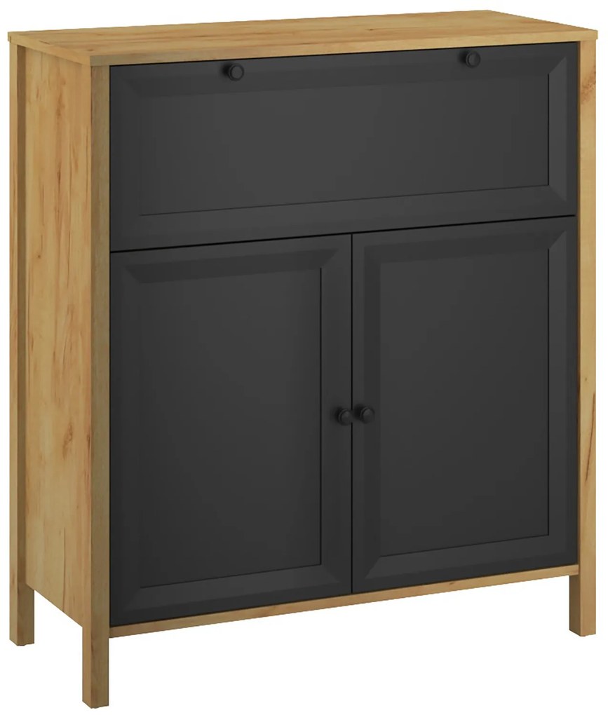 Komoda Dwudrzwiowa z Szufladą Drewniana do Salonu NORIA 88 cm Dąb craft złoty/czarny Loft