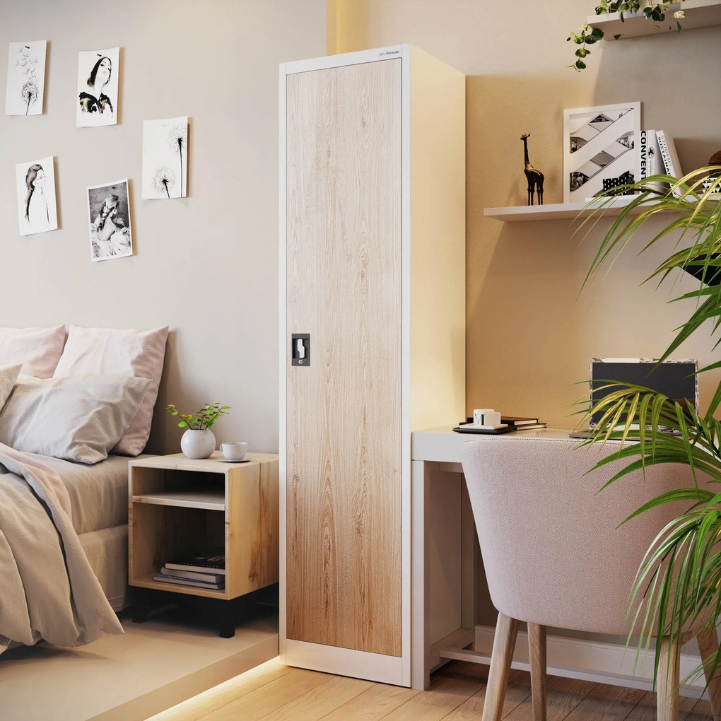 Biurowa szafa metalowa ALEX, 450 x 1850 x 400 mm, Eco Design: biała/ dąb sonoma