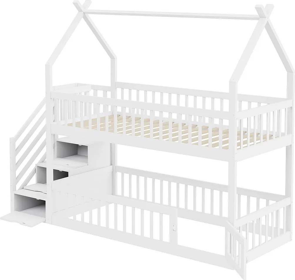 Łóżka piętrowe dla dzieci - 2 x 90 x 200 - ze schodkami do przechowywania + barierkami + dachem - drewniane - białe