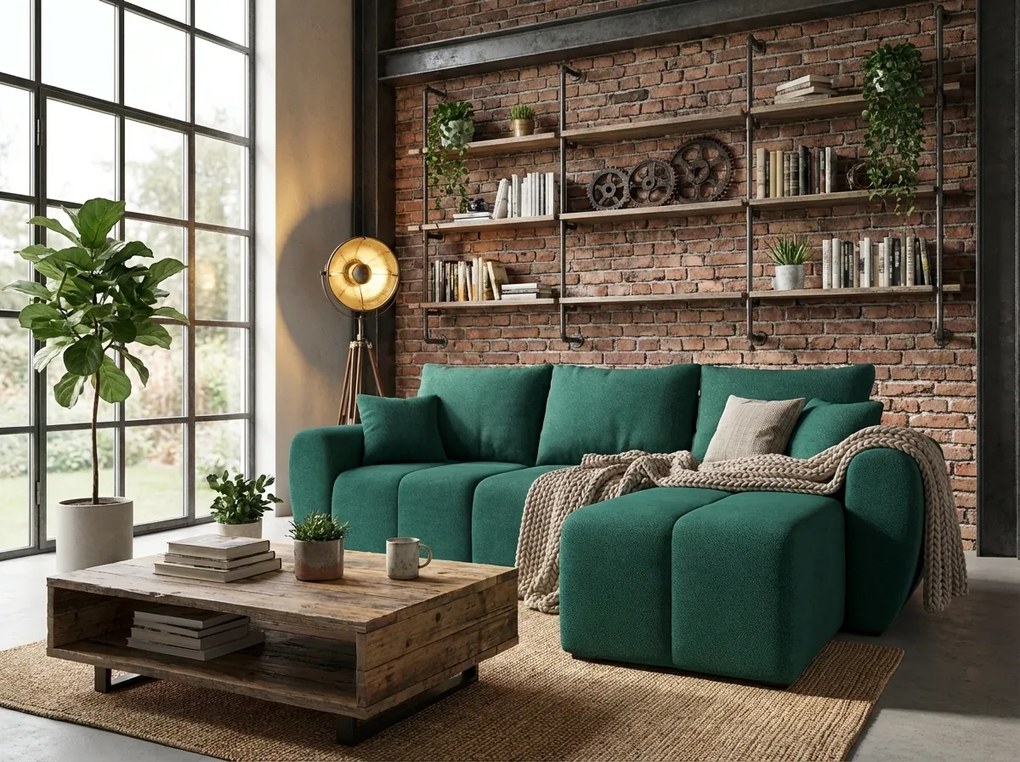 PROMOCJA Rozkładany dwustronny narożnik do L SEVIO 246x145 cm, butelkowa zieleń + 2 poduszki GRATIS II jakość