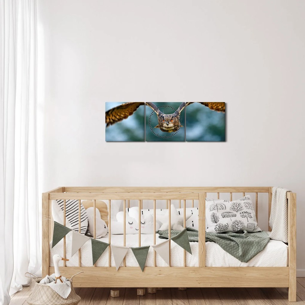 Obraz - Sowa w locie (z zegarem) (90x30 cm)