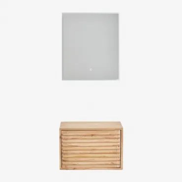 Zestaw Mebli Łazienkowych Wiszących Na Ścianie Z Drewna Deleyna Naturalna & Without Sink & Prostokątna Lampa Led I Przeciwmgielna - Sklum