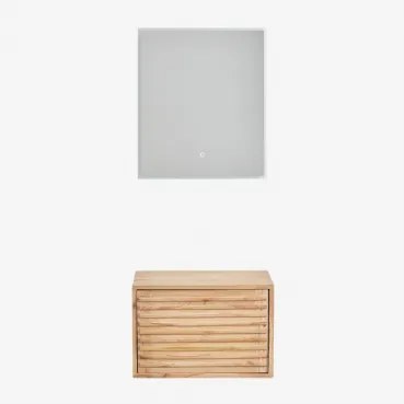 Zestaw Wiszących Mebli Łazienkowych 60x45 Cm Z Drewna Deleyna Naturalna & Bez Umywalki & Prostokątna Lampa Led I Przeciwmgielna 60x70 Cm Riben & Bez K