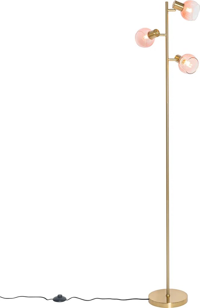 Lampa podłogowa Art Deco złota z różowym szkłem 3-punktowa - Vidro