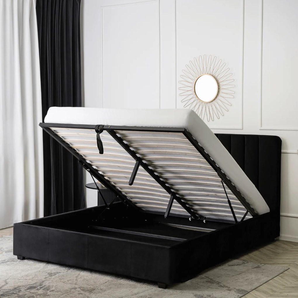 Łóżko Tapicerowane 160x200 cm ze Stelażem i Pojemnikiem Dwuosobowe MARI Welurowe Czarne
