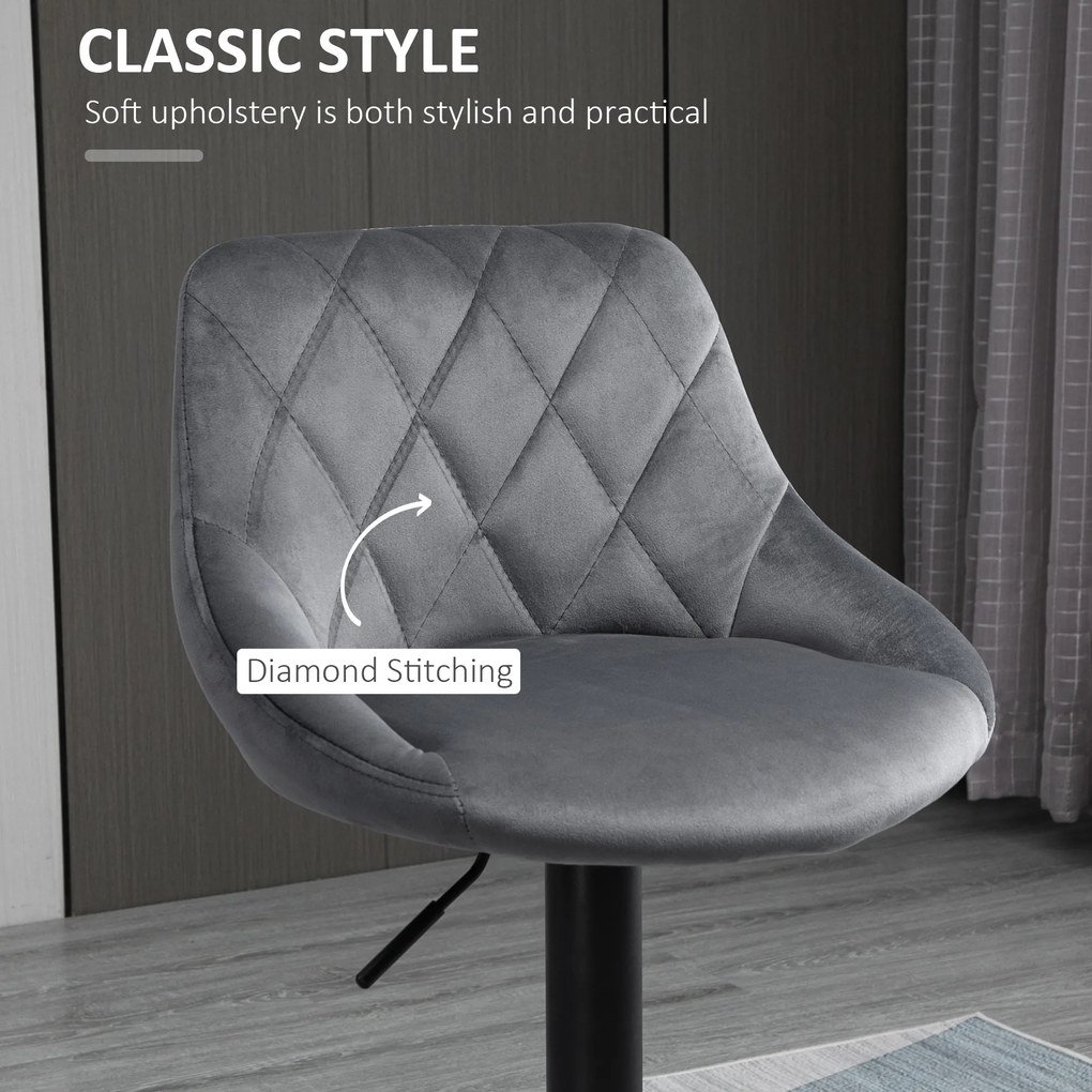 HOMCOM Zestaw 2 hokerów, regulowany hoker z oparciem, welurowy wygląd, metalowa konstrukcja, podnóżek, obrotowy, ciemnoszary