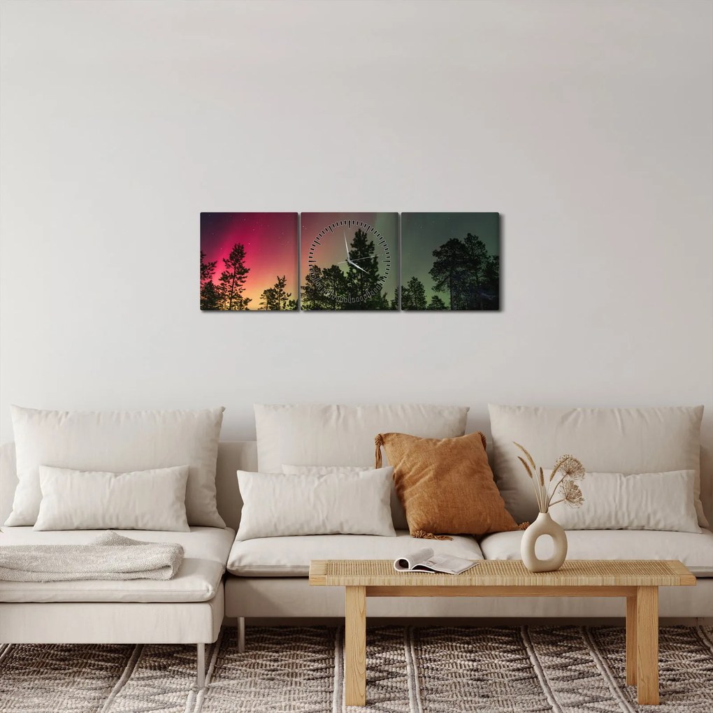 Obraz zorzy polarnej (z zegarem) (90x30 cm)