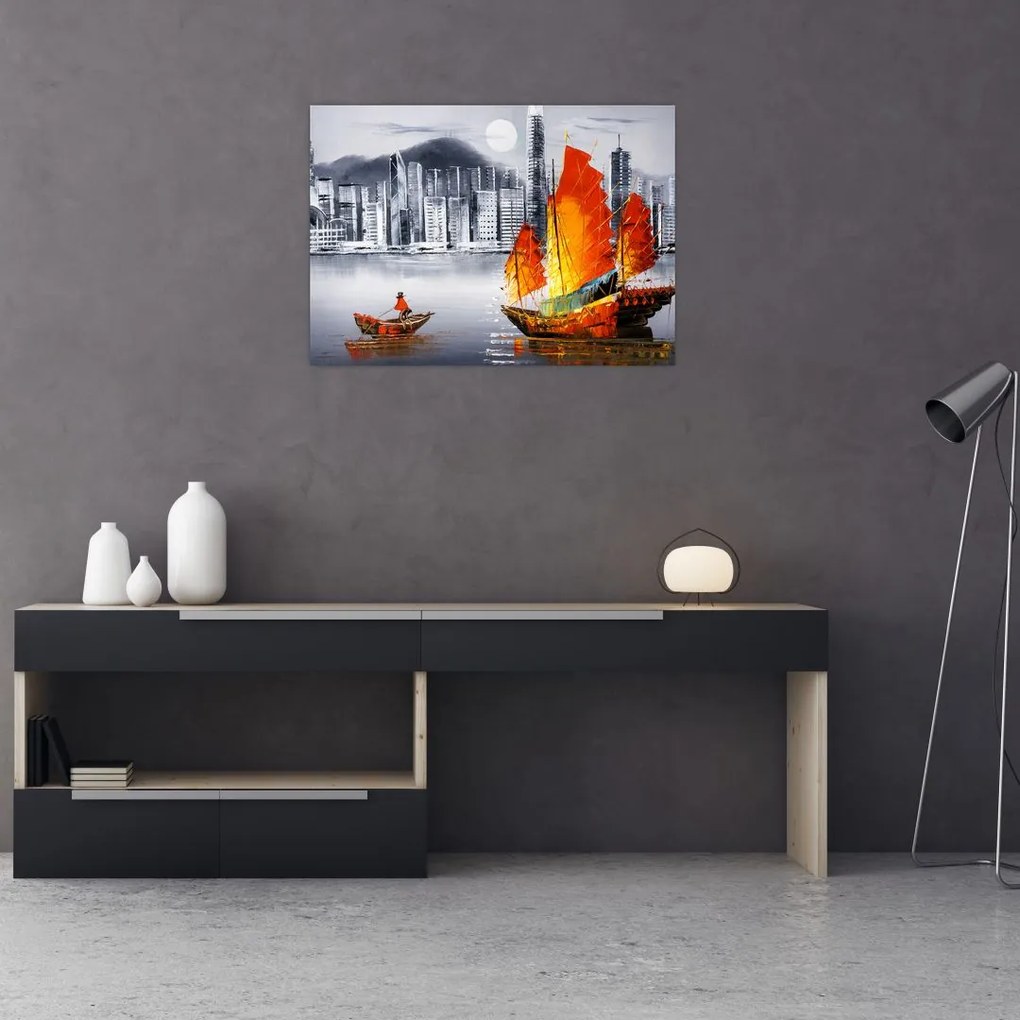 Obraz - Victoria Harbor, Hongkong, czarno-biały obraz olejny (70x50 cm)