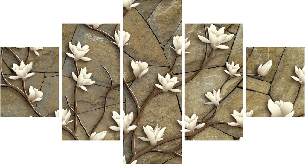 Obraz - Białe magnolie na murze kamiennym (125x70 cm)