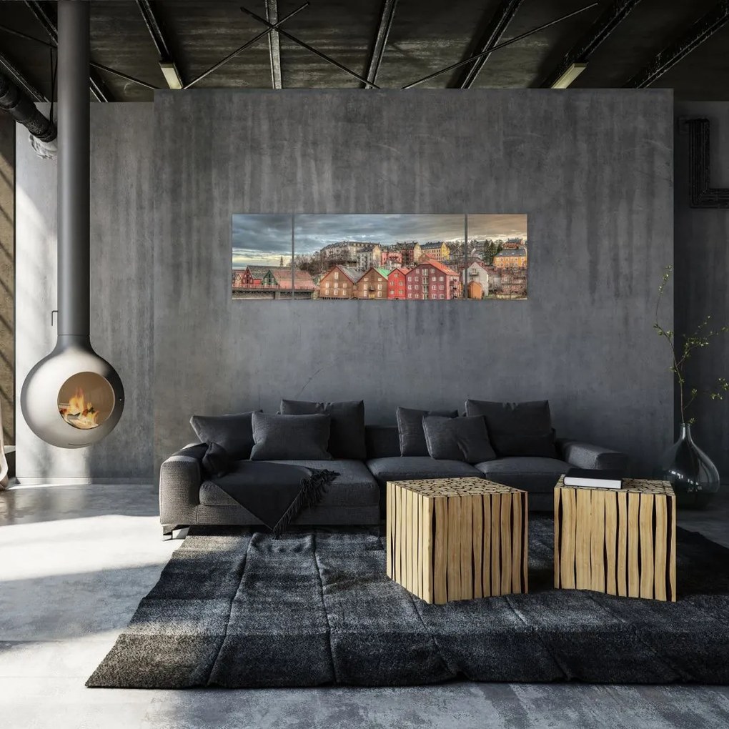 Obraz - domy nad rzeką (170x50 cm)