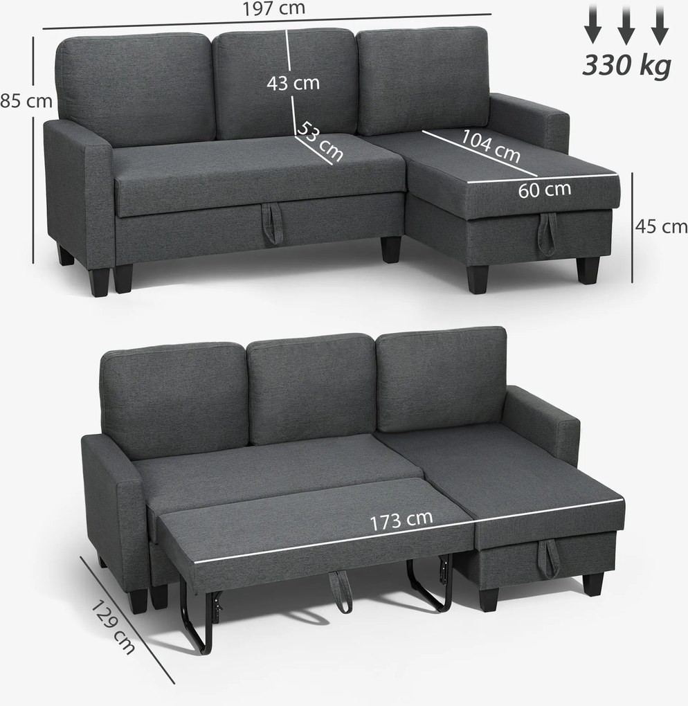 HOMCOM Narożnik z funkcją spania i pojemnikiem w kształcie L Sofa z chaiselongue, regulowane oparcie do salonu | Aosom PL