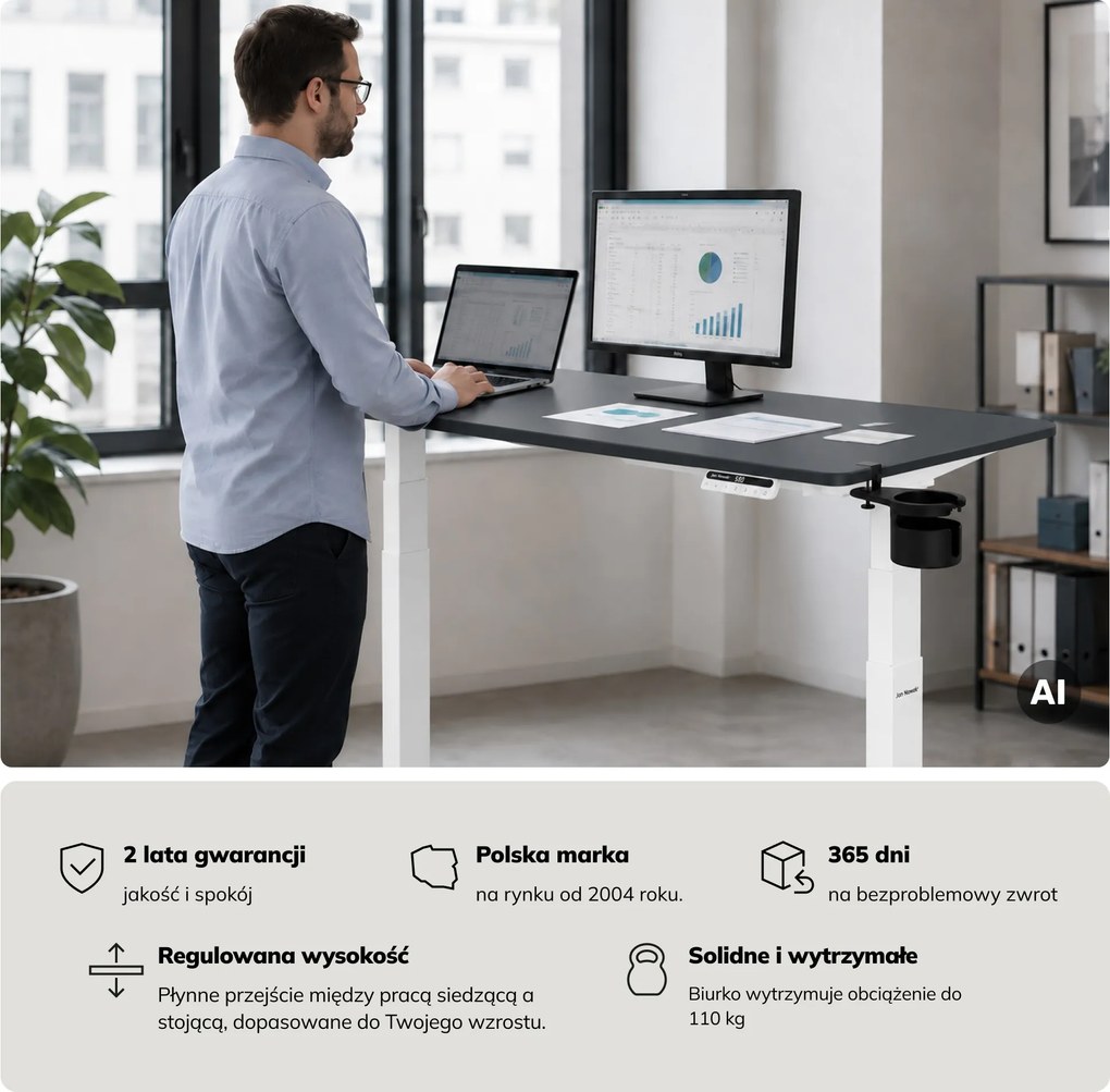 Biurko elektryczne z regulacją wysokości ergonomiczne biało-antracytowe,1400x700 mm: ARIA