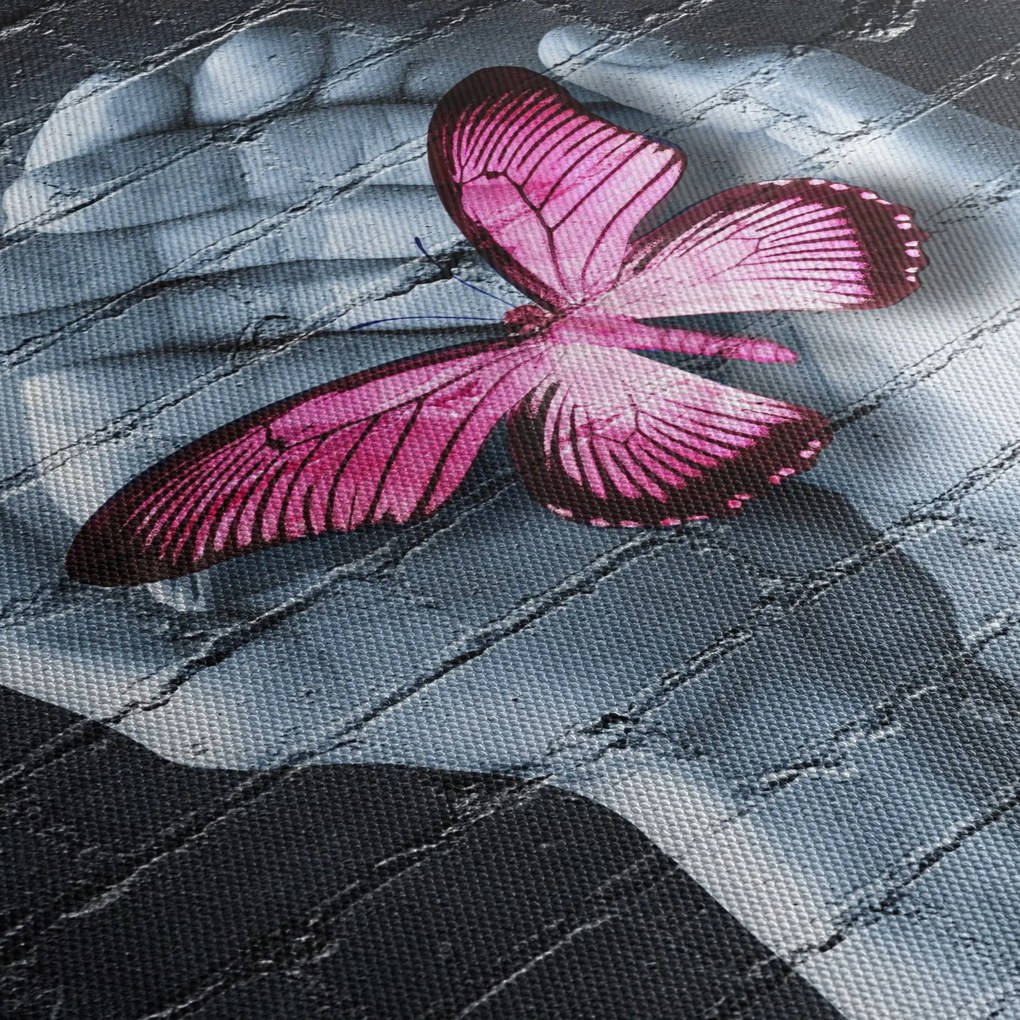 Obraz - Różowy motyl w ścianie (125x70 cm)