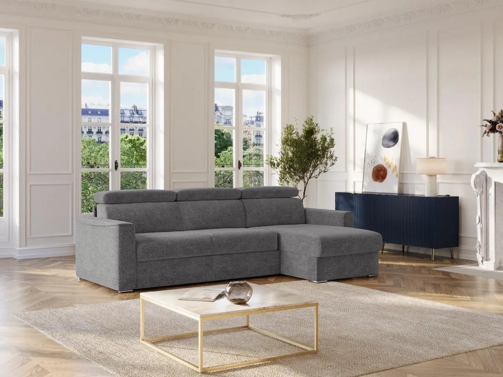 Kanapa narożna dwustronna rozkładana w tkaninie typu szenil w kolorze antracytowym – Powierzchnia spania z szerokimi listwami 140 cm – Materac 18 cm VIZIR.