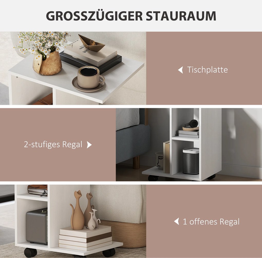 HOMCOM Stolik pomocniczy w kształcie C, kawowy, do kanapy, biurko narożne, na kółkach, płyta wiórowa E1, 45 x 35 x 58 cm, Biały