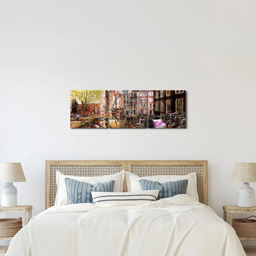 Obraz - Amsterdam, malarstwo (z zegarem) (90x30 cm)