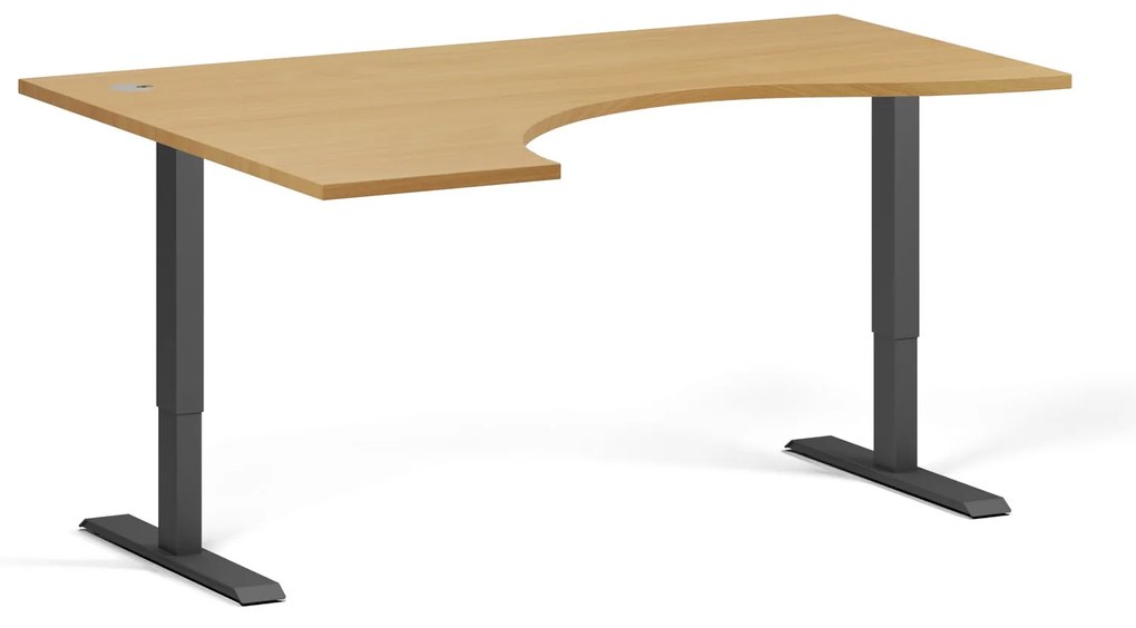 Ergonomiczne biurko z regulacją wysokości, 160x120 cm, 2 silniki, L/P, czarna podstawa, buk