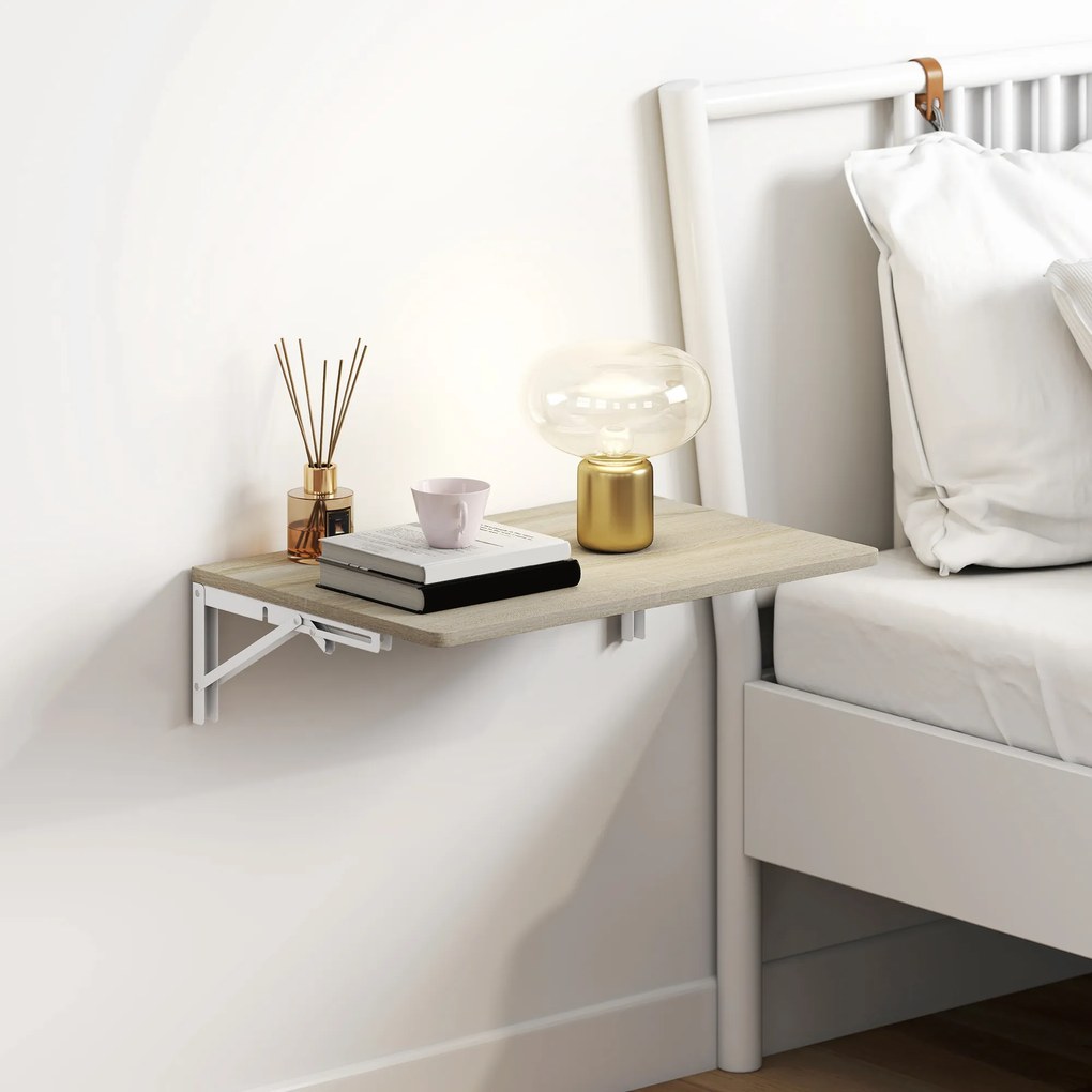 HOMCOM Składane biurko ścienne, 60x40 cm, oszczędzające miejsce wiszące biurko z zaokrąglonymi narożnikami, do home office, salonu, sypialni, kuchni, dąb