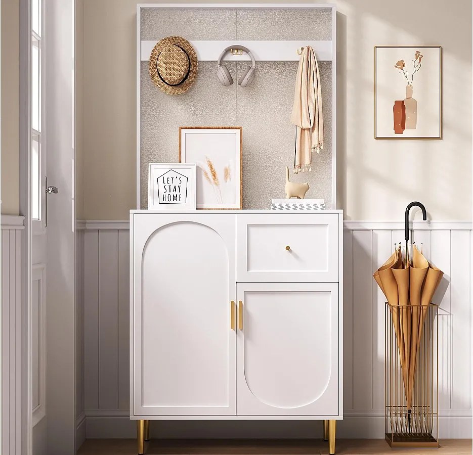 Zestaw wieszakowy do przedpokoju 80x35x175.5 cm - 2 drzwi i 1 szuflada - z 3 hakami - Regulowane półki - MDF - Biały