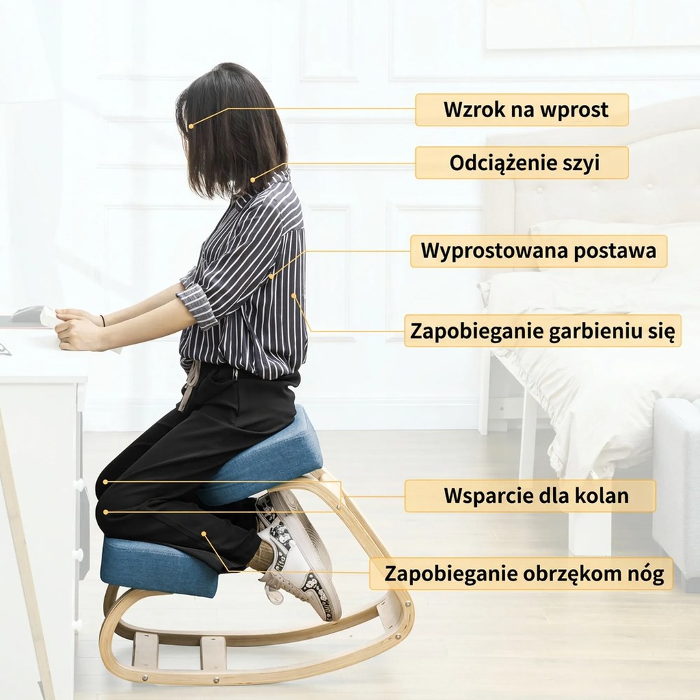 Vinsetto Krzesło klęcznik, ergonomiczny taboret do siedzenia, tapicerowany stołek dla zdrowej postawy, drewno brzozowe, wytrzymałość do 120 kg, niebieski | Aosom PL