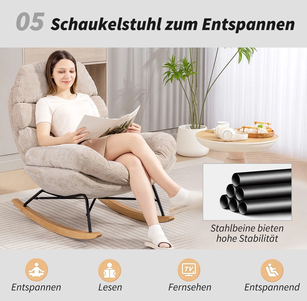 HOMCOM Tapicerowany fotel bujany z nogami stalowymi i drewnianymi płozami, kremowy