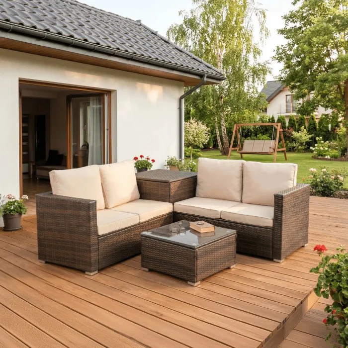 Zestaw Mebli Ogrodowych NEGRO Brązowy/Beżowy Narożnik Stolik Tarasowy Technorattan Nowoczesny