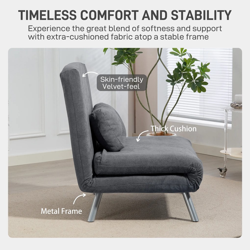 HOMCOM Fotel z funkcją łóżka, design 2-w-1, fotel do spania, łóżko gościnne, materiał pokryciowy, z poduszką, ciemnoszary