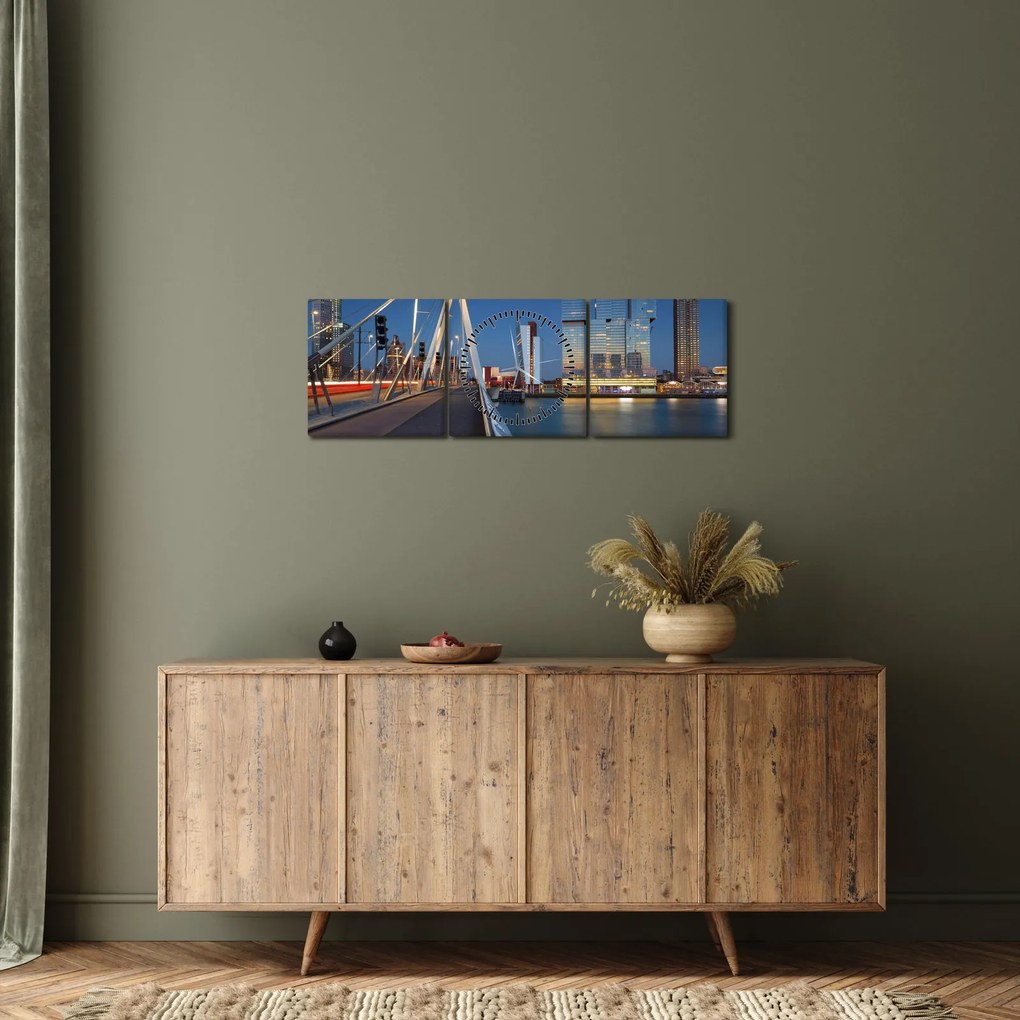 Obraz - Zmierzch w Rotterdamie, Holandia (z zegarem) (90x30 cm)