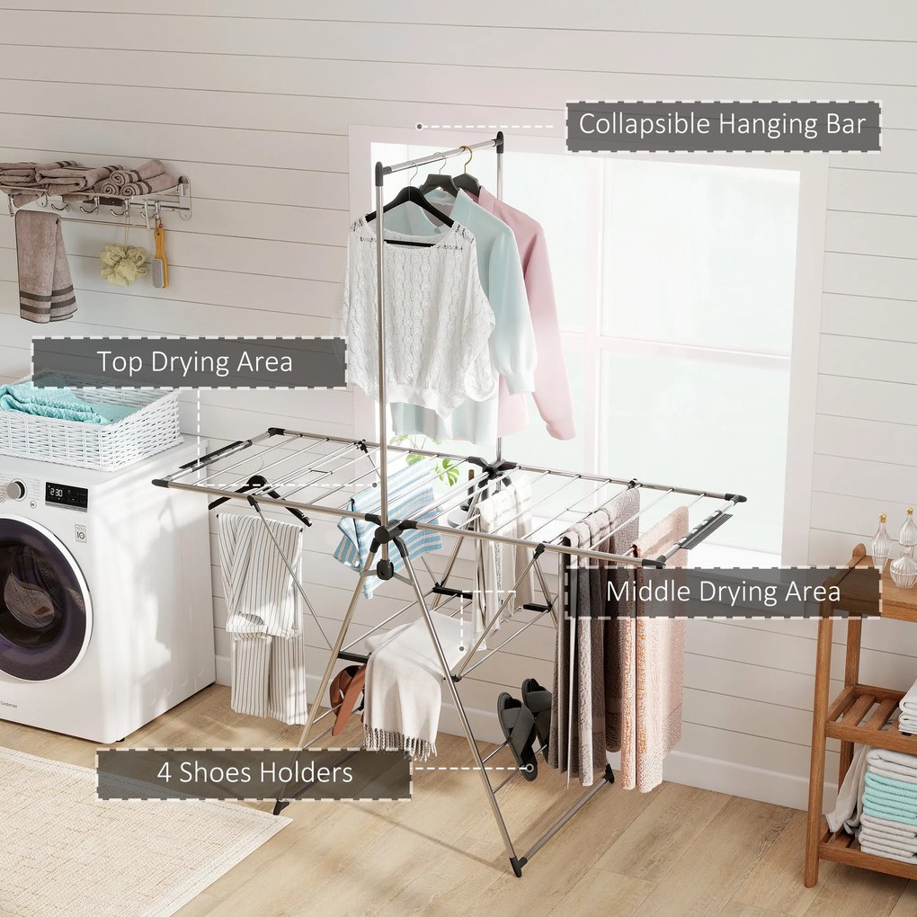 HOMCOM Suszarka na pranie składana stojąca suszarka z regulowanymi skrzydłami, uchwytami na buty, stal nierdzewna, 156,5 x 68 x 192 cm, srebrny