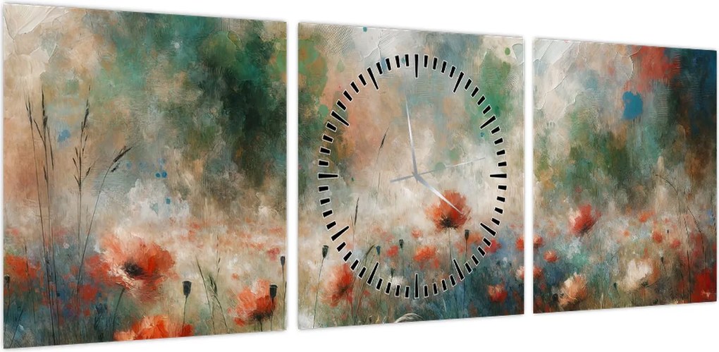 Obraz – Abstrakcja pola z makami (z zegarem) (90x30 cm)