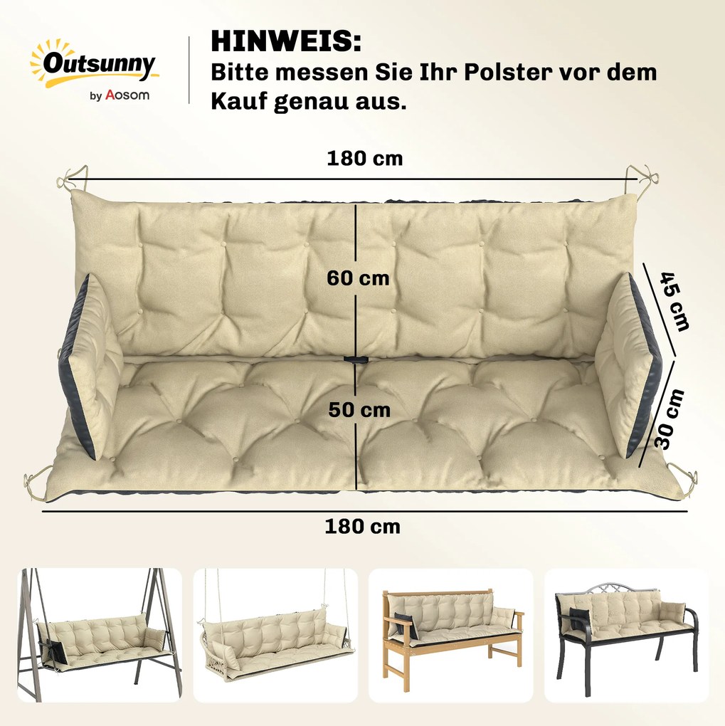 Outsunny Zestaw poduszek zewnętrznych na ławkę lub huśtawkę ogrodową, dwukolorowy, Poliester, Pianka, 180 x 110 x 8 cm, Beż+Czarny