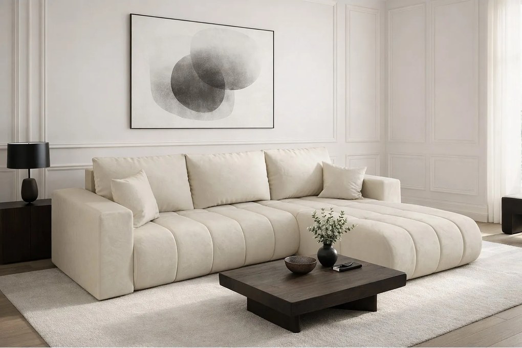 Narożnik z funkcją spania i pojemnikiem MILO PREMIUM, tkanina Monolith, Ecru, Prawy