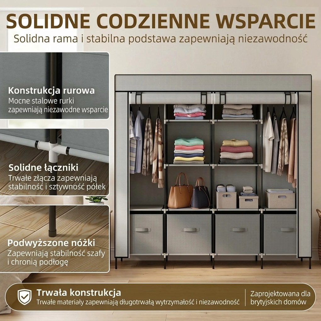 HOMCOM Szafa z tkaniny, drzwi, 2 drążki na ubrania, 10 przegródek, Szary