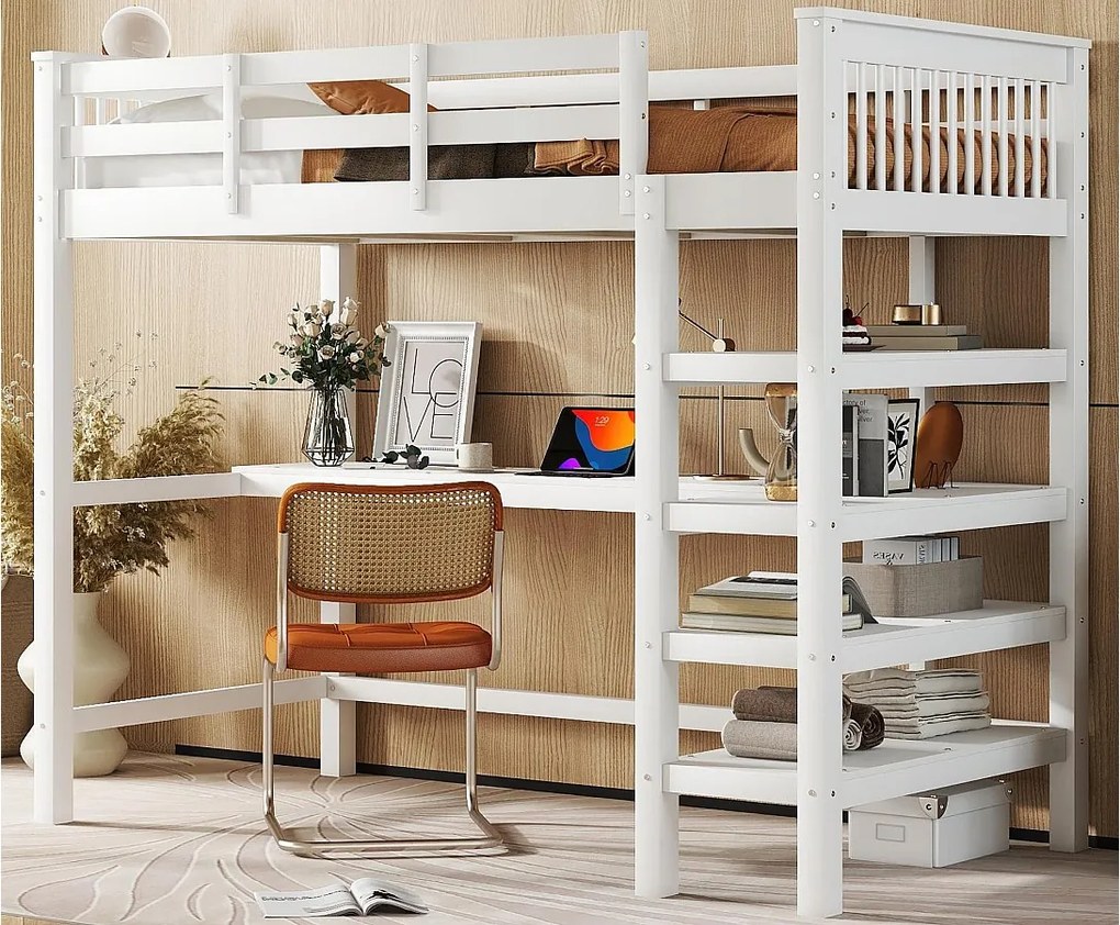 Łóżko mezzanine 90x200cm z drewna - z biurkiem i półką na przechowywanie - Białe