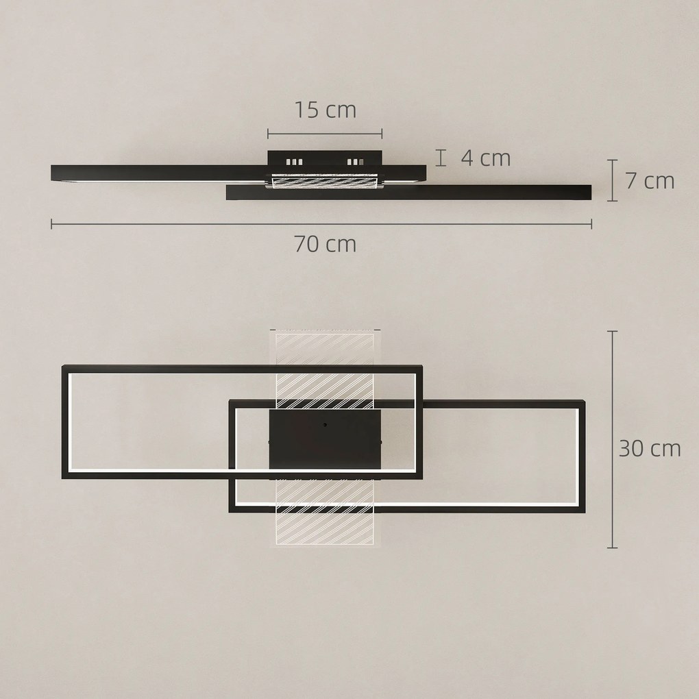 HOMCOM Lampa sufitowa LED 43W 4600LM 3000-6000K ściemniana płaska z pilotem przełącznikiem ściennym 70 x 30 x 7 cm Czarna | Aosom PL
