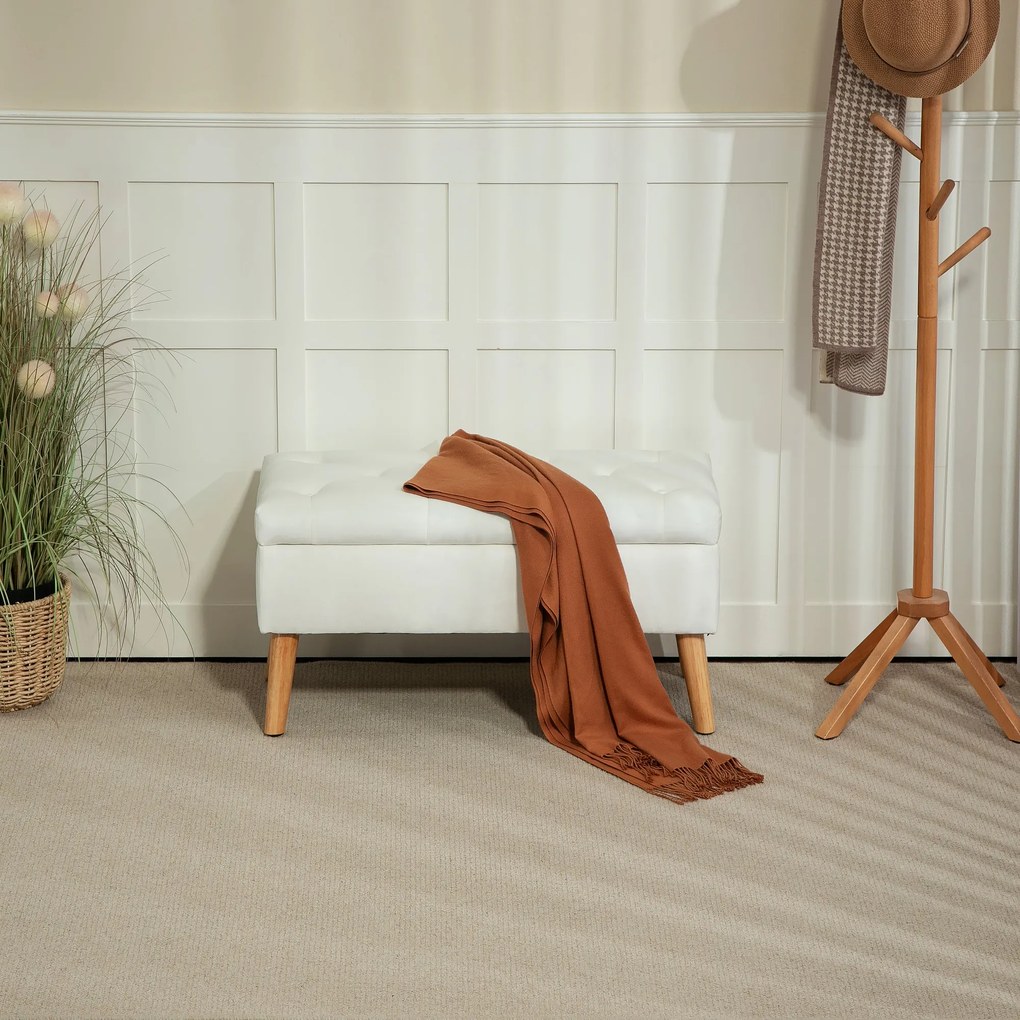 HOMCOM Tapicerowana ławka z miejscem do przechowywania, obicie w aksamitnym wykończeniu, nogi z drewna, do salonu, sypialni, przedpokoju, 80 x 35 x 40 cm, Biały