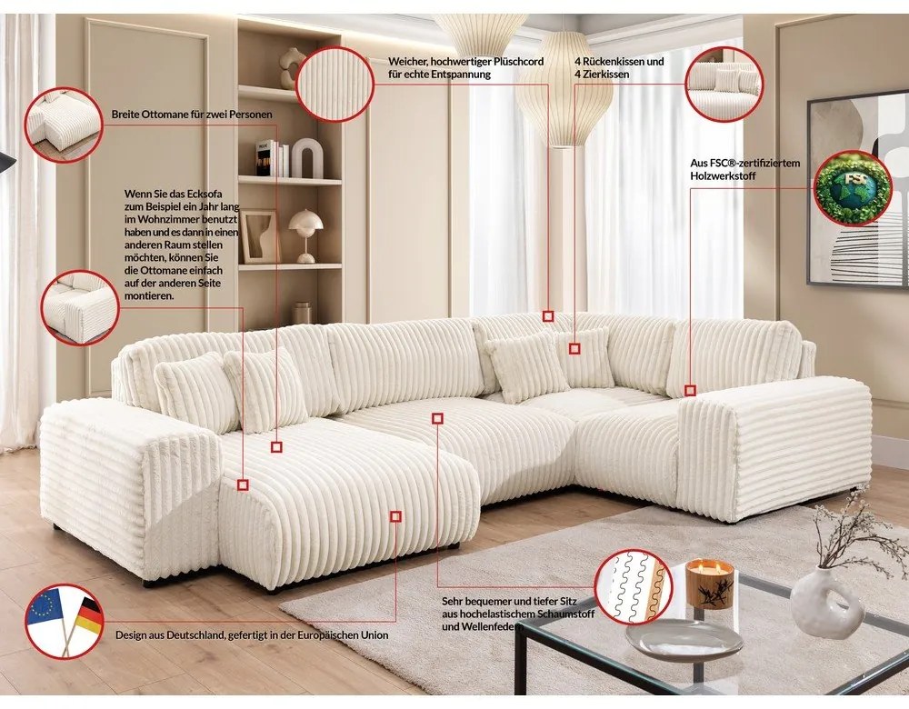 Kremowy sztruksowy narożnik (prawostronny/w kształcie litery U) Justin – Ropez