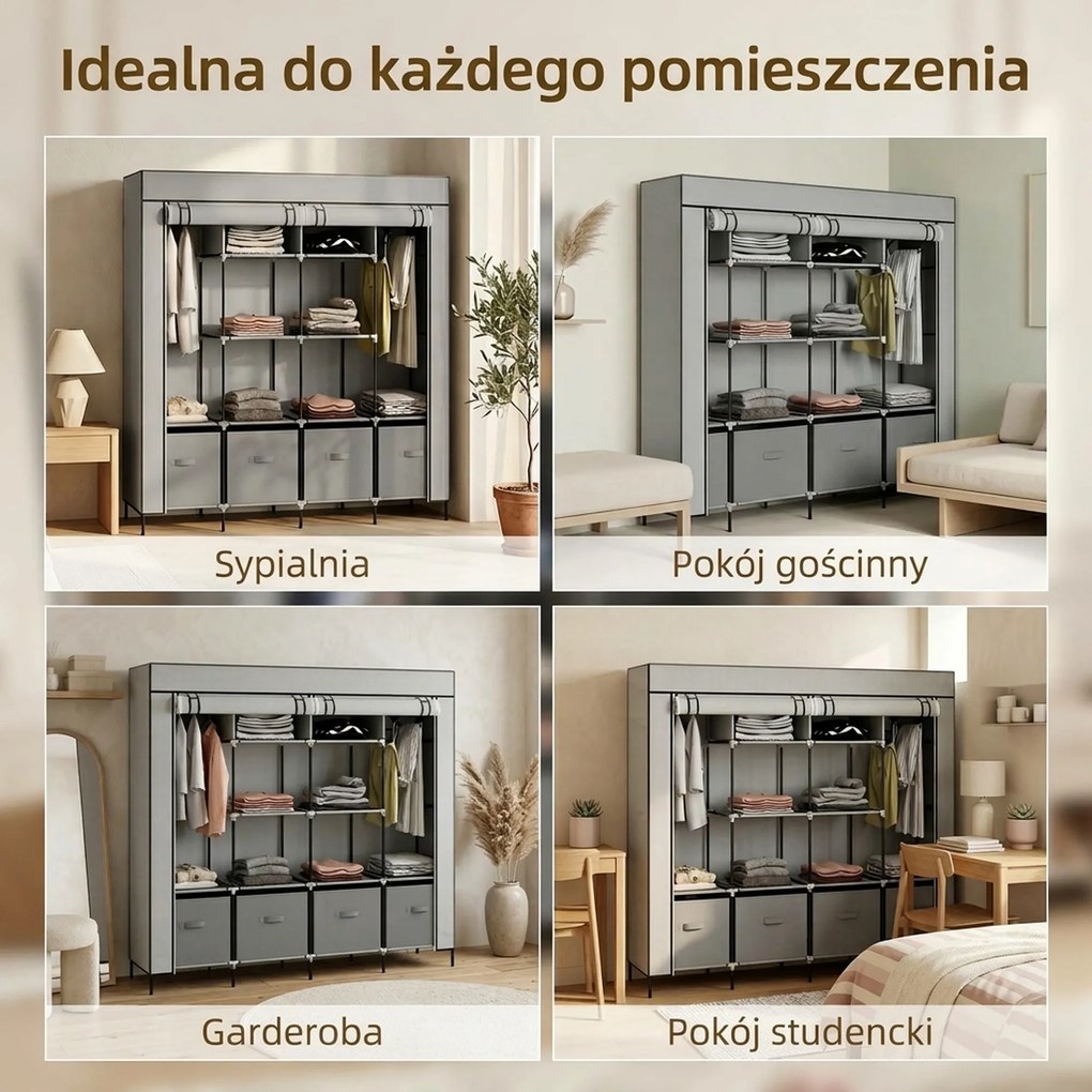 HOMCOM Szafa z tkaniny, drzwi, 2 drążki na ubrania, 10 przegródek, Szary